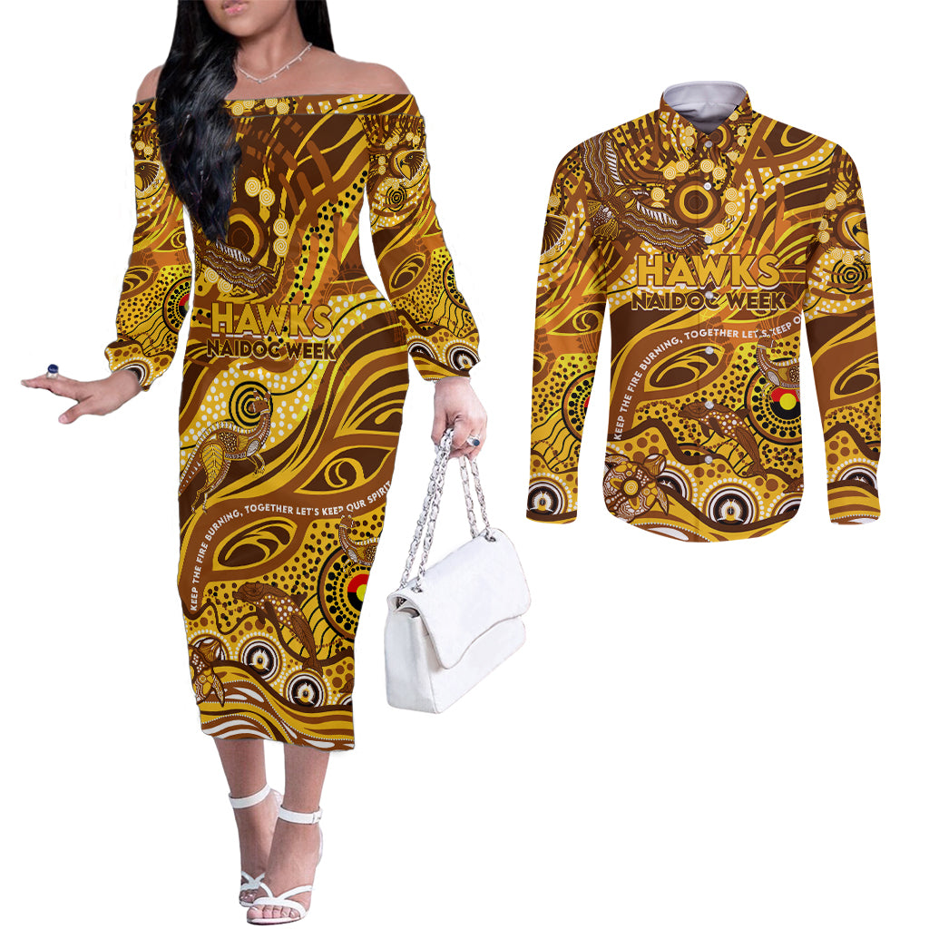 Custom NAIDOC Week 2024 Hawks Couples Matching Off The Shoulder Long Sleeve Dress and Long Sleeve Button Shirt Aboriginal Animals Keep The Fire Burning