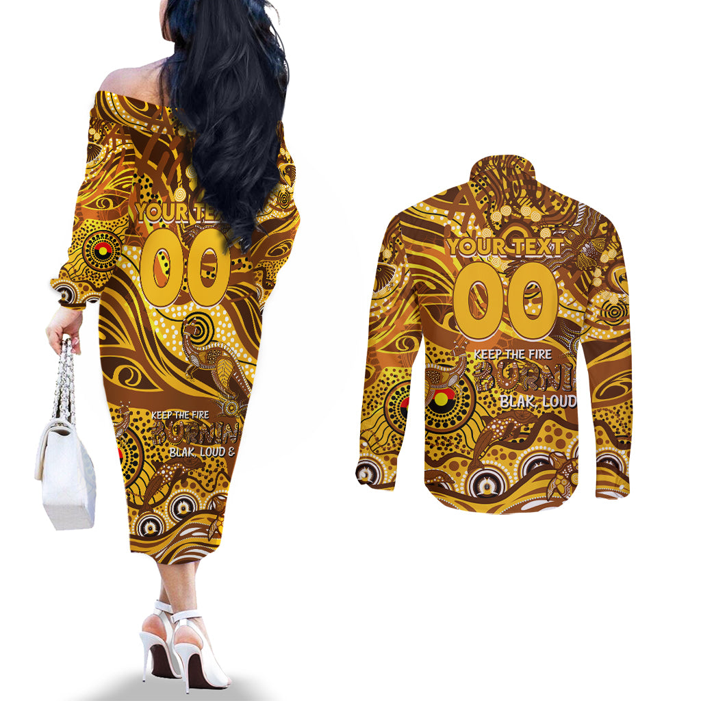 Custom NAIDOC Week 2024 Hawks Couples Matching Off The Shoulder Long Sleeve Dress and Long Sleeve Button Shirt Aboriginal Animals Keep The Fire Burning