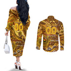 Custom NAIDOC Week 2024 Hawks Couples Matching Off The Shoulder Long Sleeve Dress and Long Sleeve Button Shirt Aboriginal Animals Keep The Fire Burning