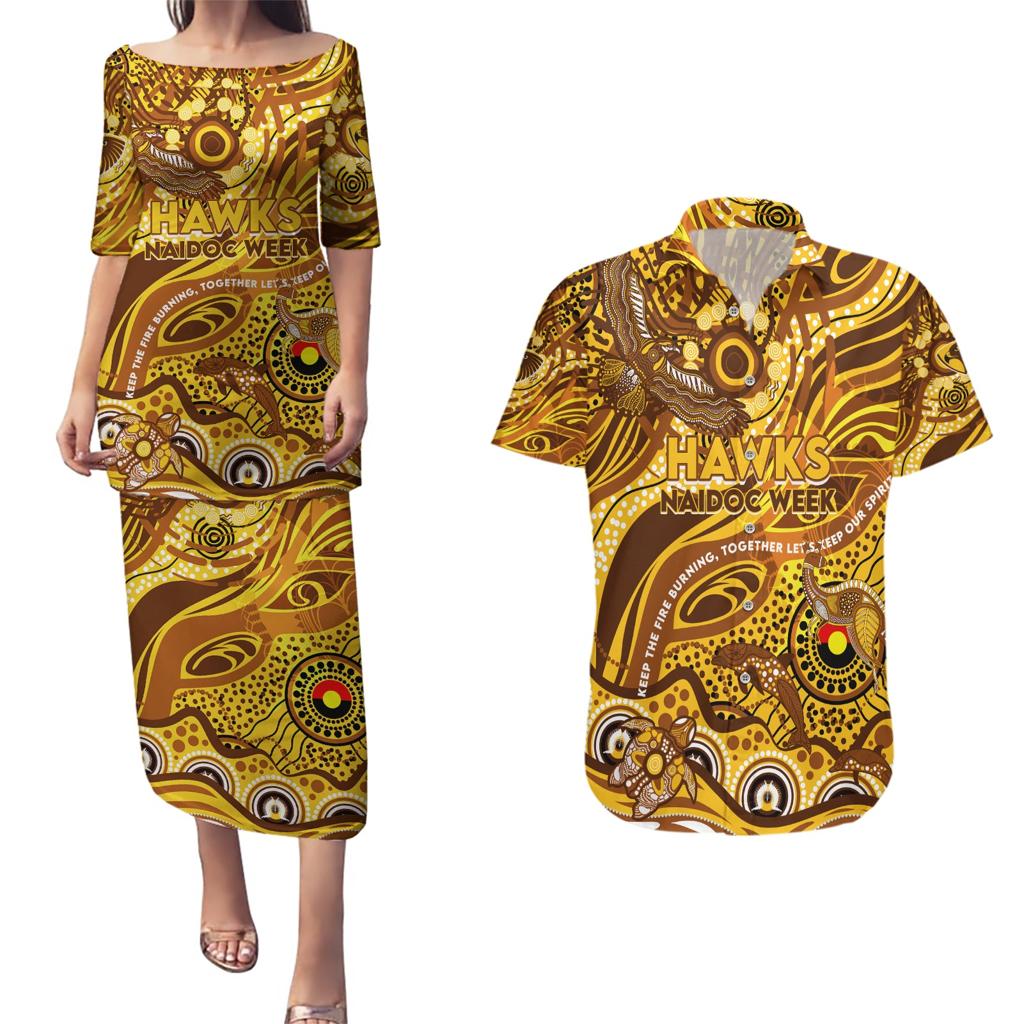 Custom NAIDOC Week 2024 Hawks Couples Matching Puletasi and Hawaiian Shirt Aboriginal Animals Keep The Fire Burning