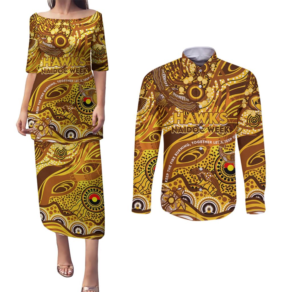 Custom NAIDOC Week 2024 Hawks Couples Matching Puletasi and Long Sleeve Button Shirt Aboriginal Animals Keep The Fire Burning