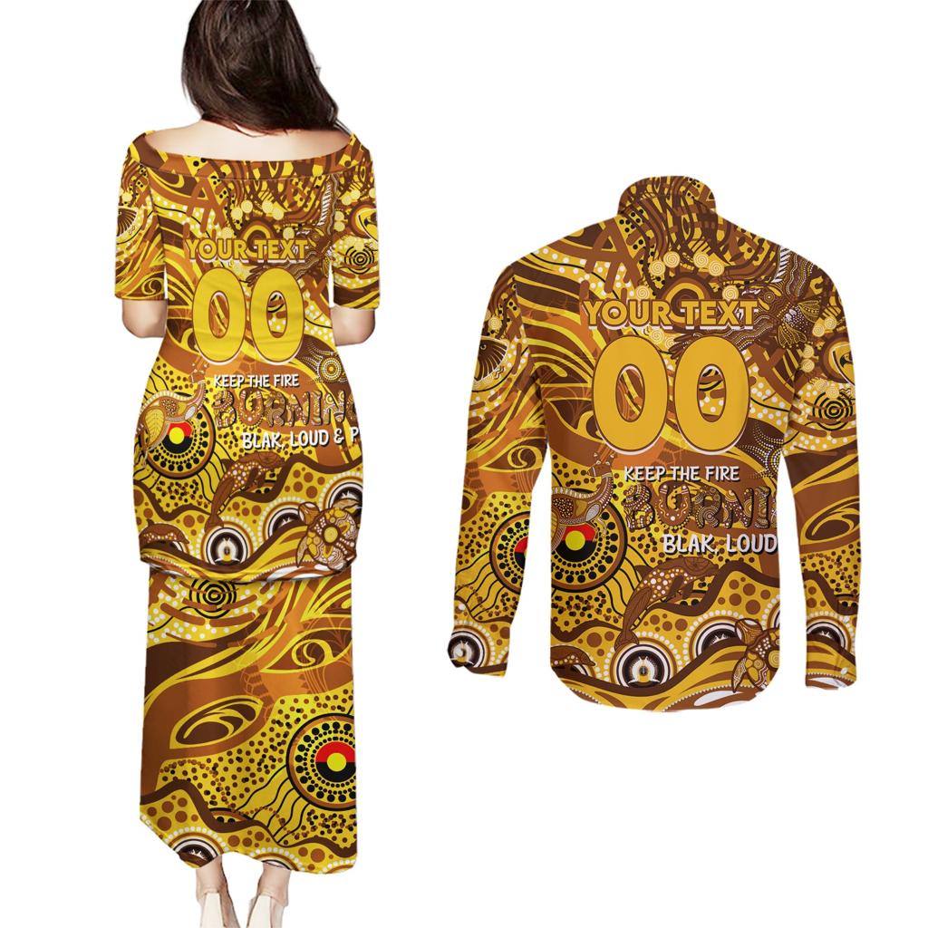 Custom NAIDOC Week 2024 Hawks Couples Matching Puletasi and Long Sleeve Button Shirt Aboriginal Animals Keep The Fire Burning