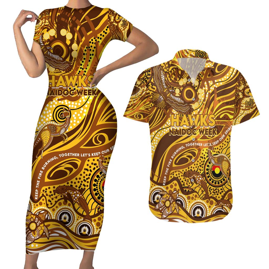 Custom NAIDOC Week 2024 Hawks Couples Matching Short Sleeve Bodycon Dress and Hawaiian Shirt Aboriginal Animals Keep The Fire Burning
