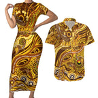 Custom NAIDOC Week 2024 Hawks Couples Matching Short Sleeve Bodycon Dress and Hawaiian Shirt Aboriginal Animals Keep The Fire Burning
