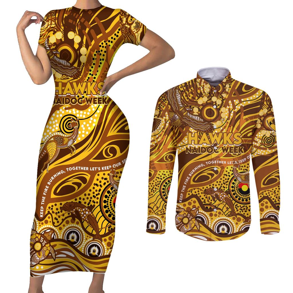 Custom NAIDOC Week 2024 Hawks Couples Matching Short Sleeve Bodycon Dress and Long Sleeve Button Shirt Aboriginal Animals Keep The Fire Burning