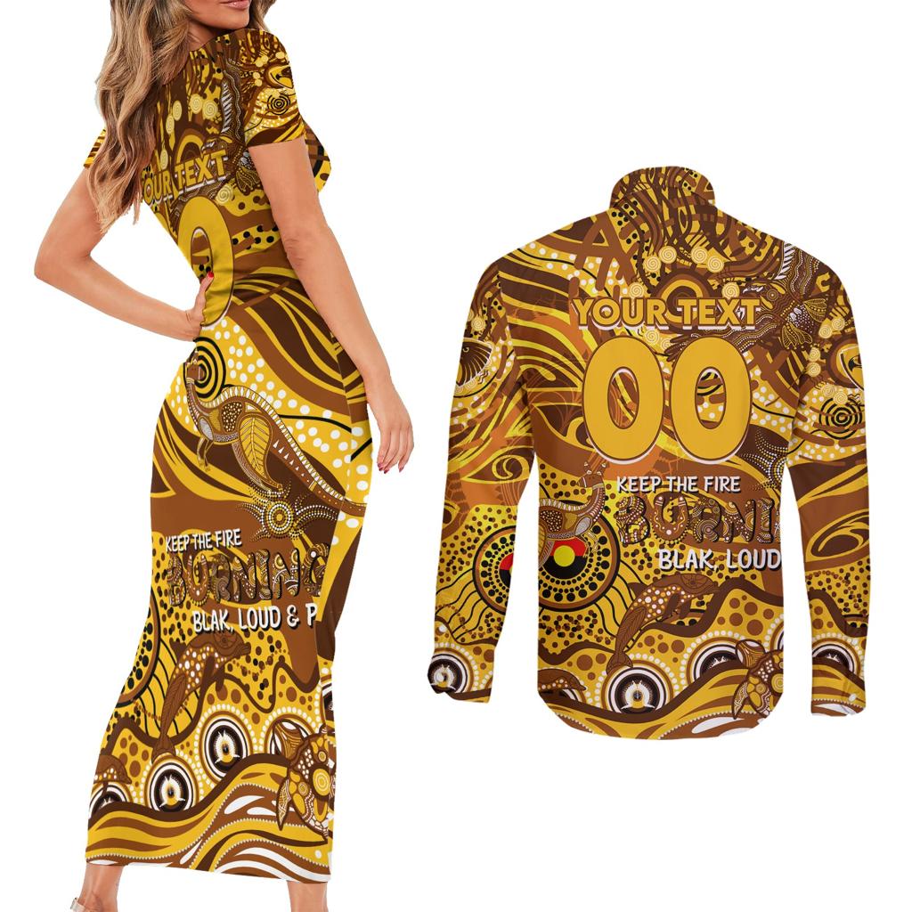 Custom NAIDOC Week 2024 Hawks Couples Matching Short Sleeve Bodycon Dress and Long Sleeve Button Shirt Aboriginal Animals Keep The Fire Burning