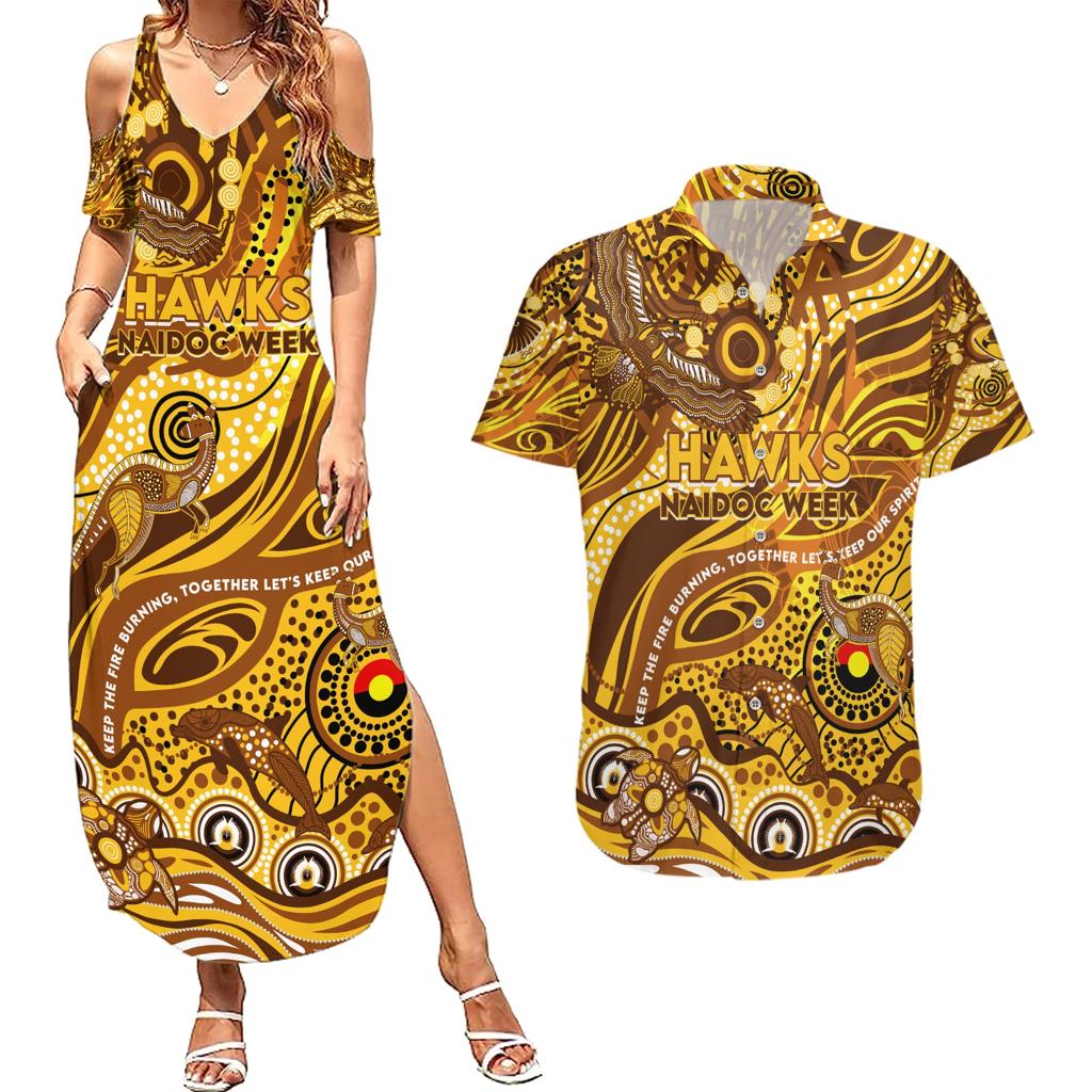 Custom NAIDOC Week 2024 Hawks Couples Matching Summer Maxi Dress and Hawaiian Shirt Aboriginal Animals Keep The Fire Burning