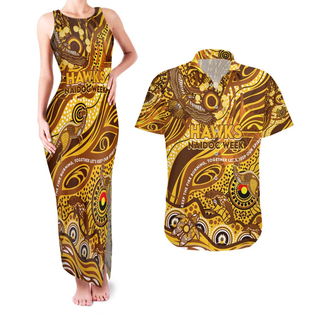 Custom NAIDOC Week 2024 Hawks Couples Matching Tank Maxi Dress and Hawaiian Shirt Aboriginal Animals Keep The Fire Burning