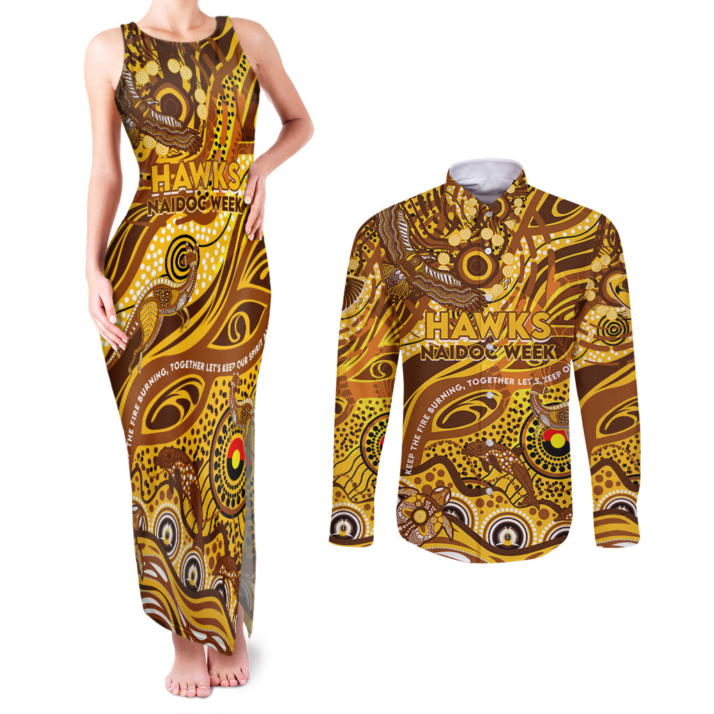 Custom NAIDOC Week 2024 Hawks Couples Matching Tank Maxi Dress and Long Sleeve Button Shirt Aboriginal Animals Keep The Fire Burning