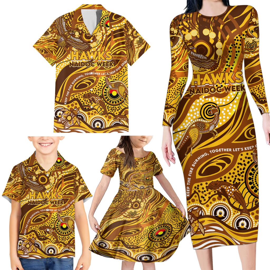 Custom NAIDOC Week 2024 Hawks Family Matching Long Sleeve Bodycon Dress and Hawaiian Shirt Aboriginal Animals Keep The Fire Burning