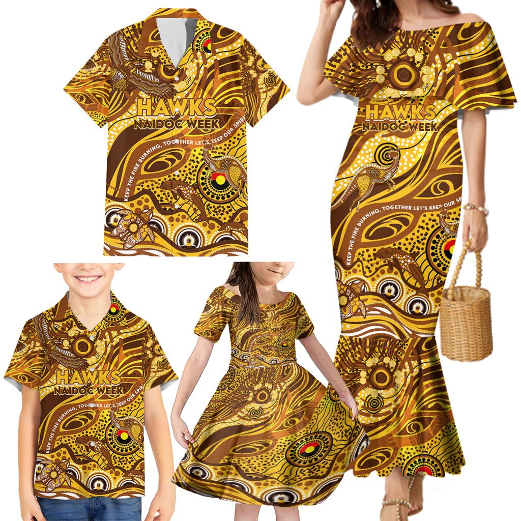 Custom NAIDOC Week 2024 Hawks Family Matching Mermaid Dress and Hawaiian Shirt Aboriginal Animals Keep The Fire Burning