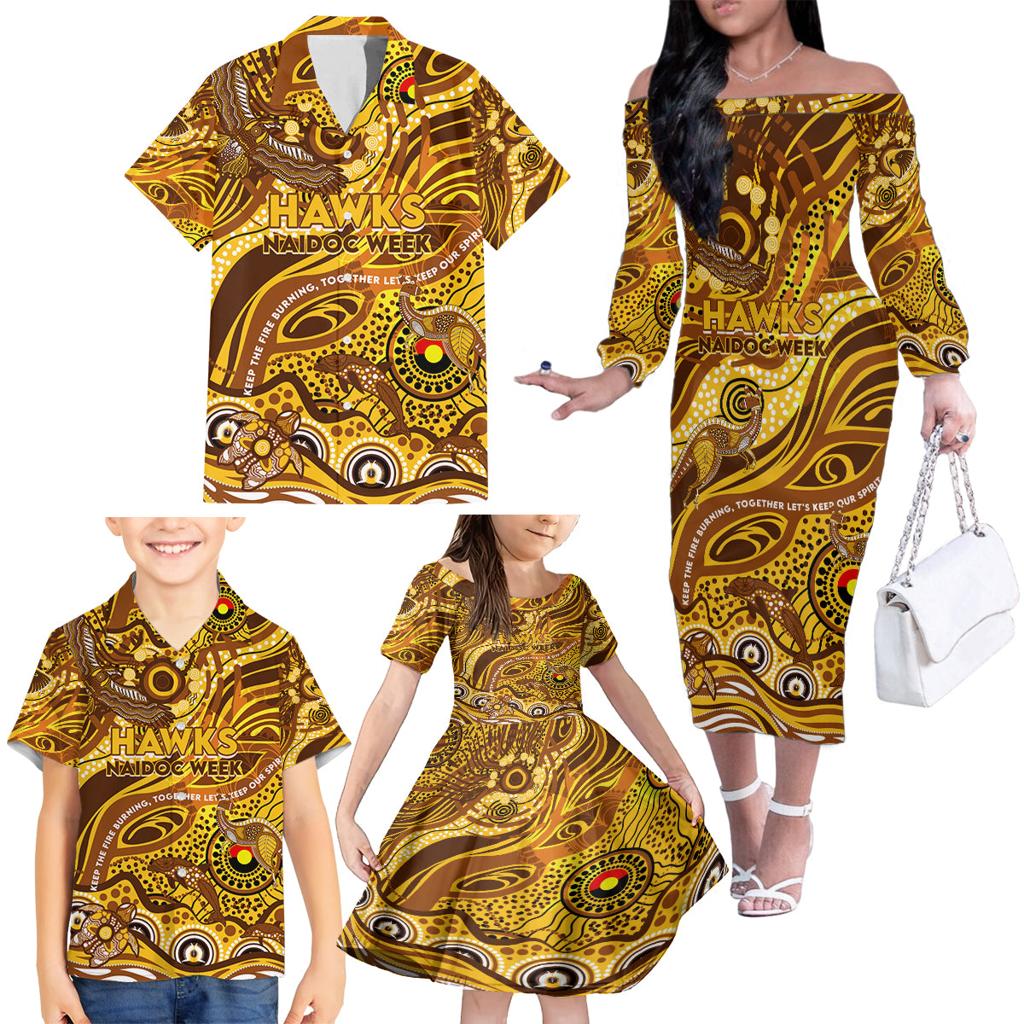 Custom NAIDOC Week 2024 Hawks Family Matching Off The Shoulder Long Sleeve Dress and Hawaiian Shirt Aboriginal Animals Keep The Fire Burning