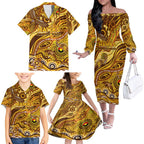 Custom NAIDOC Week 2024 Hawks Family Matching Off The Shoulder Long Sleeve Dress and Hawaiian Shirt Aboriginal Animals Keep The Fire Burning