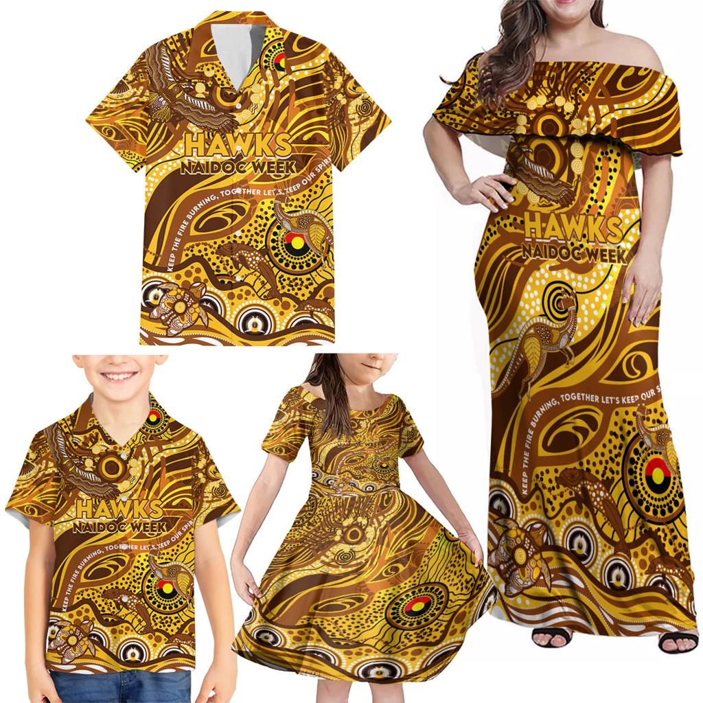 Custom NAIDOC Week 2024 Hawks Family Matching Off Shoulder Maxi Dress and Hawaiian Shirt Aboriginal Animals Keep The Fire Burning