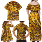 Custom NAIDOC Week 2024 Hawks Family Matching Off Shoulder Maxi Dress and Hawaiian Shirt Aboriginal Animals Keep The Fire Burning