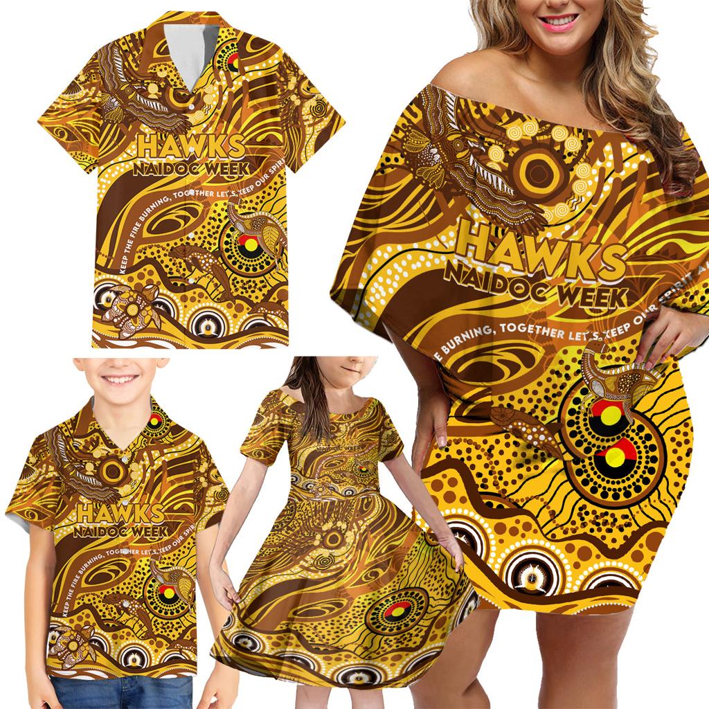 Custom NAIDOC Week 2024 Hawks Family Matching Off Shoulder Short Dress and Hawaiian Shirt Aboriginal Animals Keep The Fire Burning