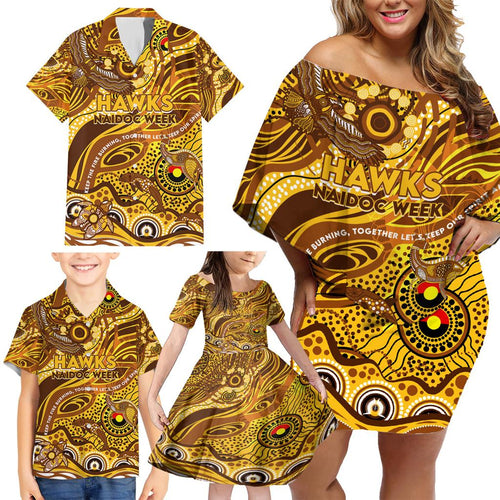 Custom NAIDOC Week 2024 Hawks Family Matching Off Shoulder Short Dress and Hawaiian Shirt Aboriginal Animals Keep The Fire Burning