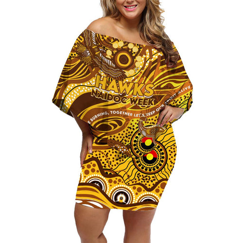 Custom NAIDOC Week 2024 Hawks Family Matching Off Shoulder Short Dress and Hawaiian Shirt Aboriginal Animals Keep The Fire Burning