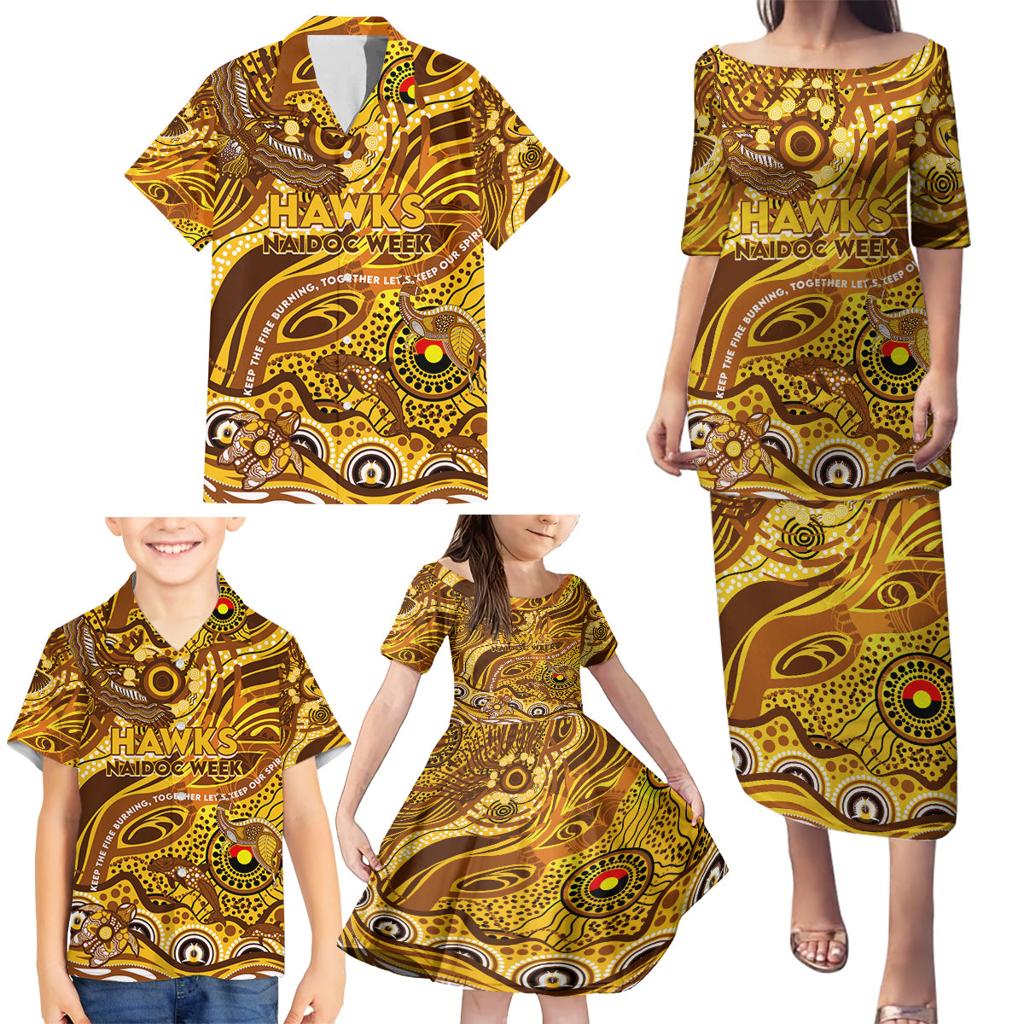 Custom NAIDOC Week 2024 Hawks Family Matching Puletasi and Hawaiian Shirt Aboriginal Animals Keep The Fire Burning