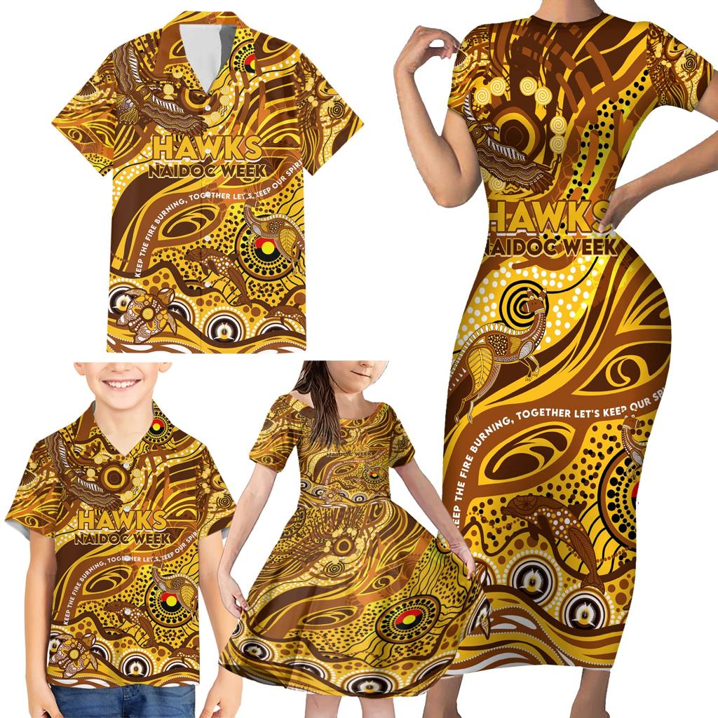 Custom NAIDOC Week 2024 Hawks Family Matching Short Sleeve Bodycon Dress and Hawaiian Shirt Aboriginal Animals Keep The Fire Burning