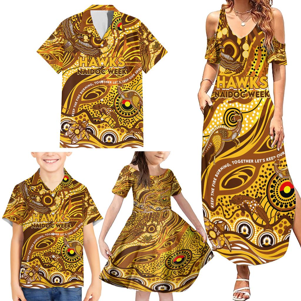 Custom NAIDOC Week 2024 Hawks Family Matching Summer Maxi Dress and Hawaiian Shirt Aboriginal Animals Keep The Fire Burning