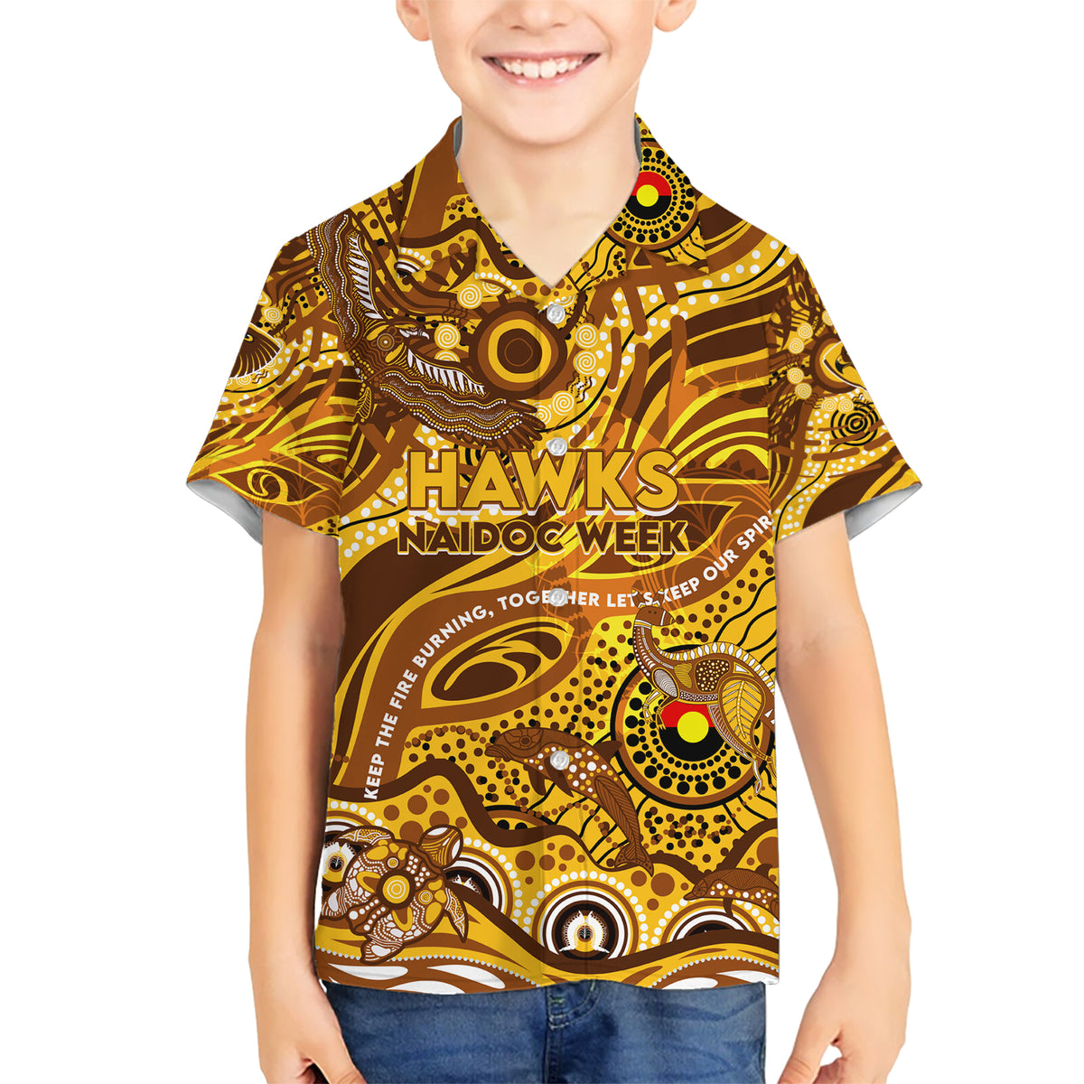 Custom NAIDOC Week 2024 Hawks Kid Hawaiian Shirt Aboriginal Animals Keep The Fire Burning