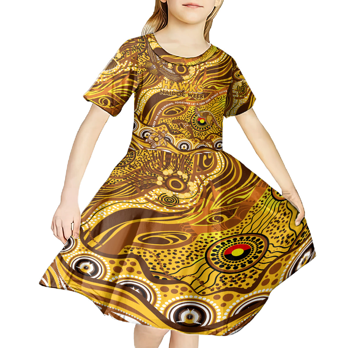 Custom NAIDOC Week 2024 Hawks Kid Short Sleeve Dress Aboriginal Animals Keep The Fire Burning