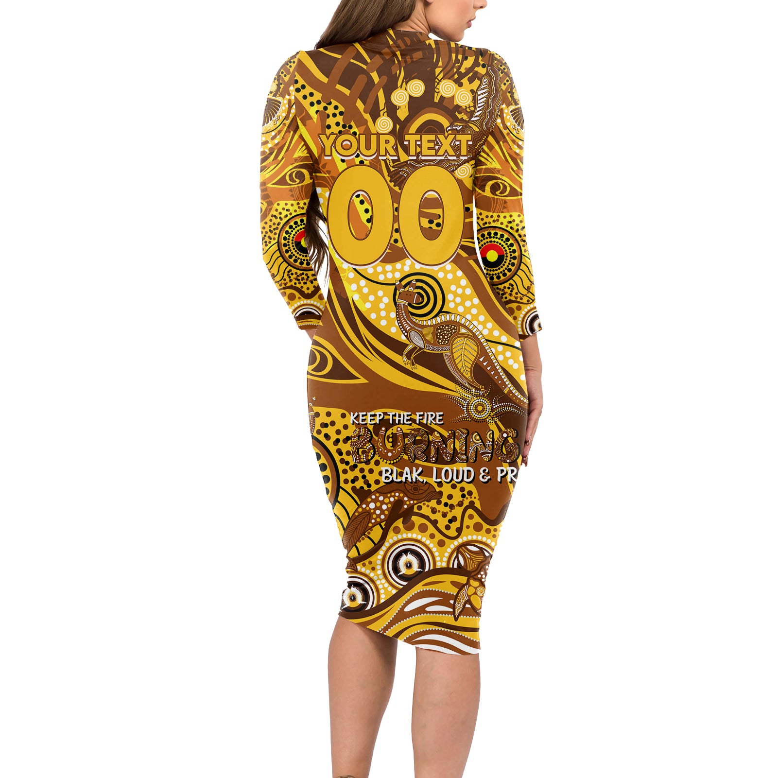 Custom NAIDOC Week 2024 Hawks Long Sleeve Bodycon Dress Aboriginal Animals Keep The Fire Burning