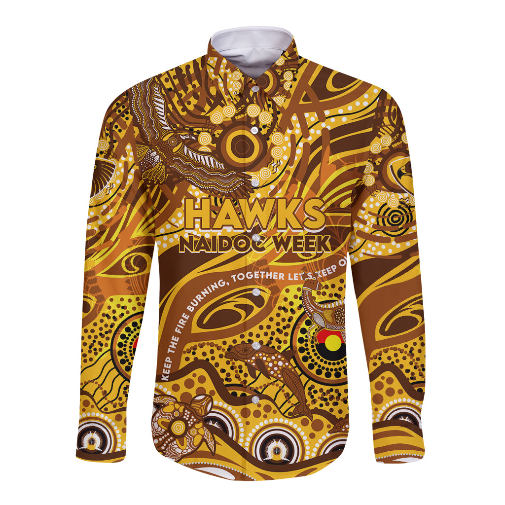 Custom NAIDOC Week 2024 Hawks Long Sleeve Button Shirt Aboriginal Animals Keep The Fire Burning