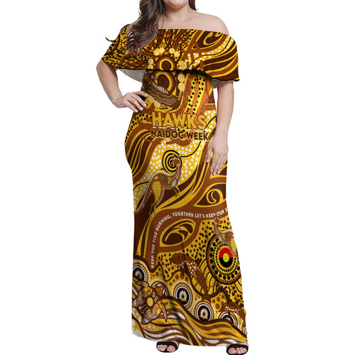 Custom NAIDOC Week 2024 Hawks Off Shoulder Maxi Dress Aboriginal Animals Keep The Fire Burning