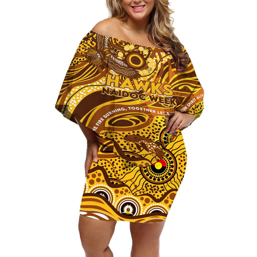 Custom NAIDOC Week 2024 Hawks Off Shoulder Short Dress Aboriginal Animals Keep The Fire Burning