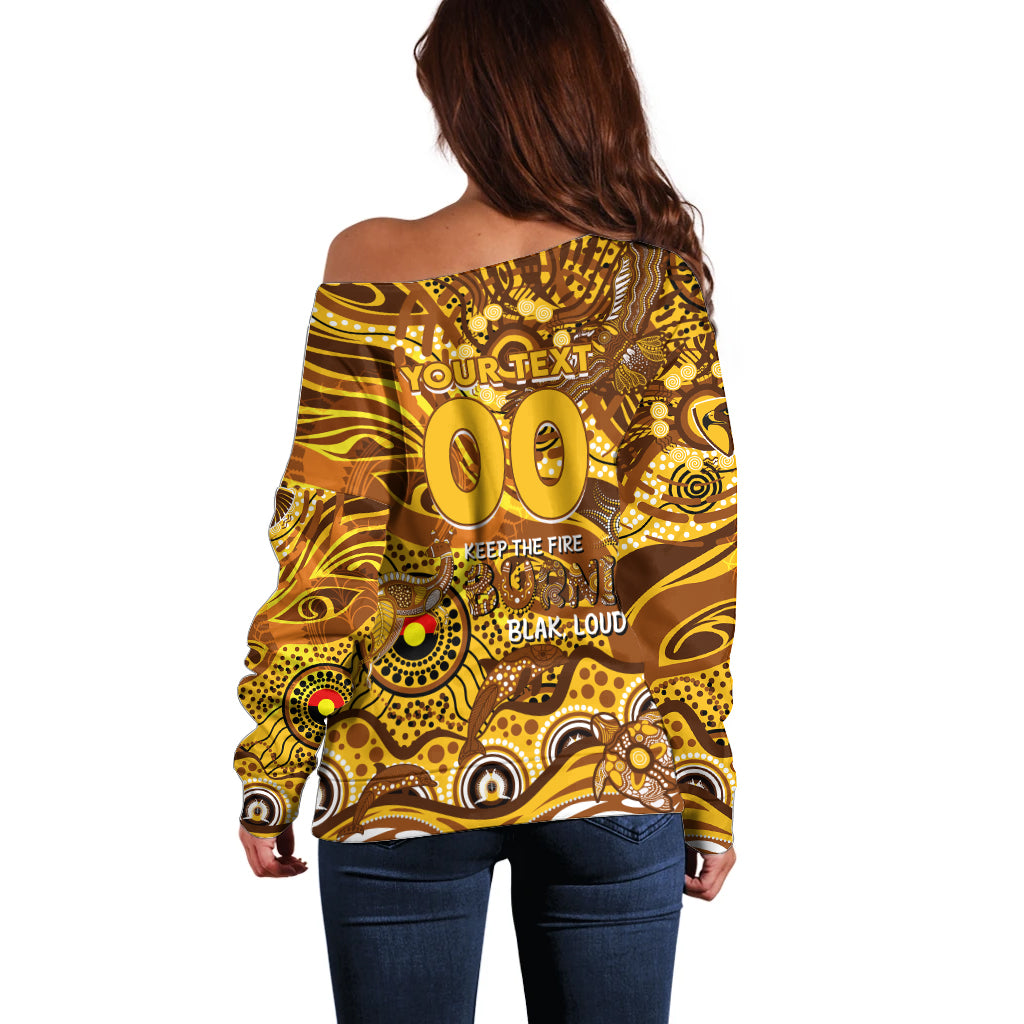 Custom NAIDOC Week 2024 Hawks Off Shoulder Sweater Aboriginal Animals Keep The Fire Burning