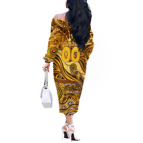 Custom NAIDOC Week 2024 Hawks Off The Shoulder Long Sleeve Dress Aboriginal Animals Keep The Fire Burning