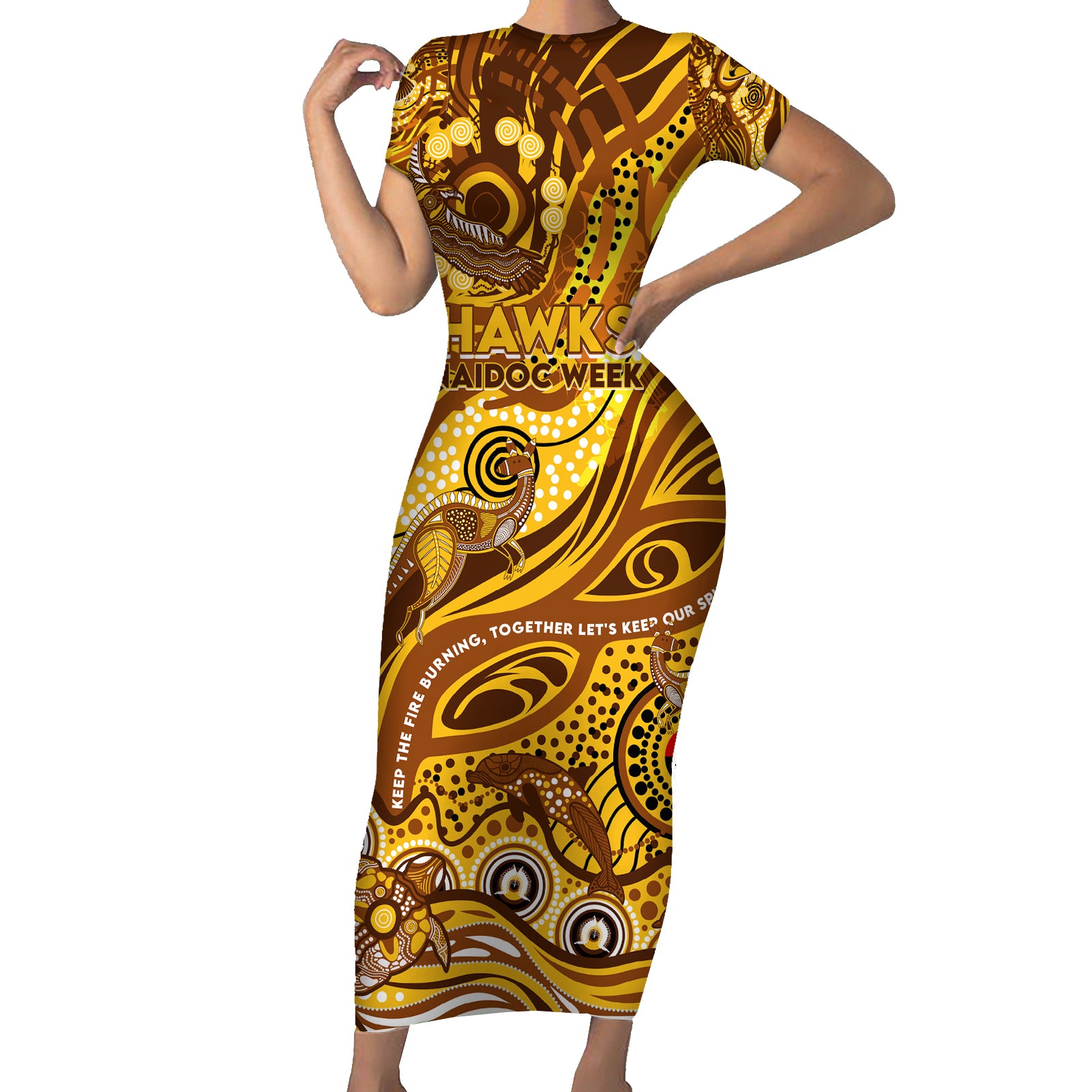 Custom NAIDOC Week 2024 Hawks Short Sleeve Bodycon Dress Aboriginal Animals Keep The Fire Burning