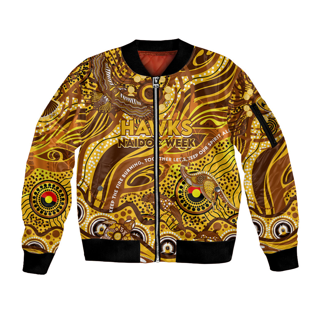 Custom NAIDOC Week 2024 Hawks Sleeve Zip Bomber Jacket Aboriginal Animals Keep The Fire Burning