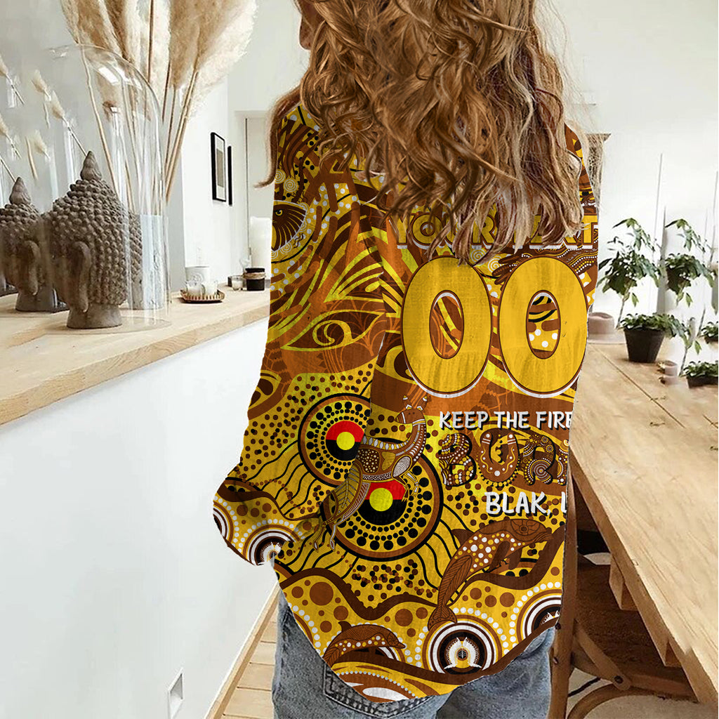 Custom NAIDOC Week 2024 Hawks Women Casual Shirt Aboriginal Animals Keep The Fire Burning