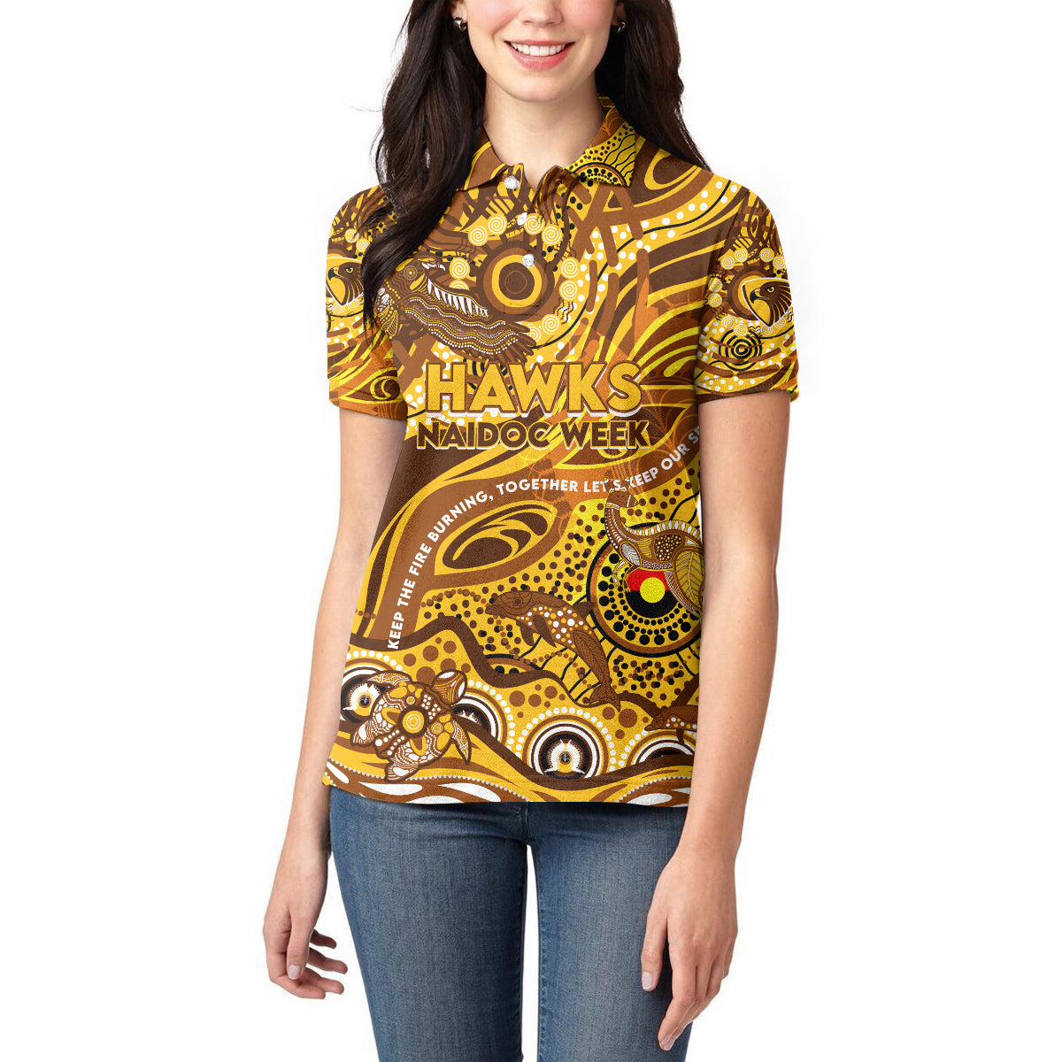 Custom NAIDOC Week 2024 Hawks Women Polo Shirt Aboriginal Animals Keep The Fire Burning