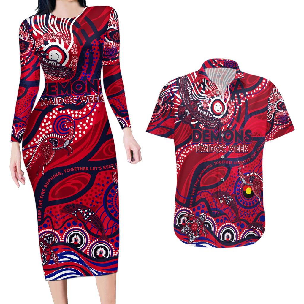 Custom NAIDOC Week 2024 Demons Couples Matching Long Sleeve Bodycon Dress and Hawaiian Shirt Aboriginal Animals Keep The Fire Burning