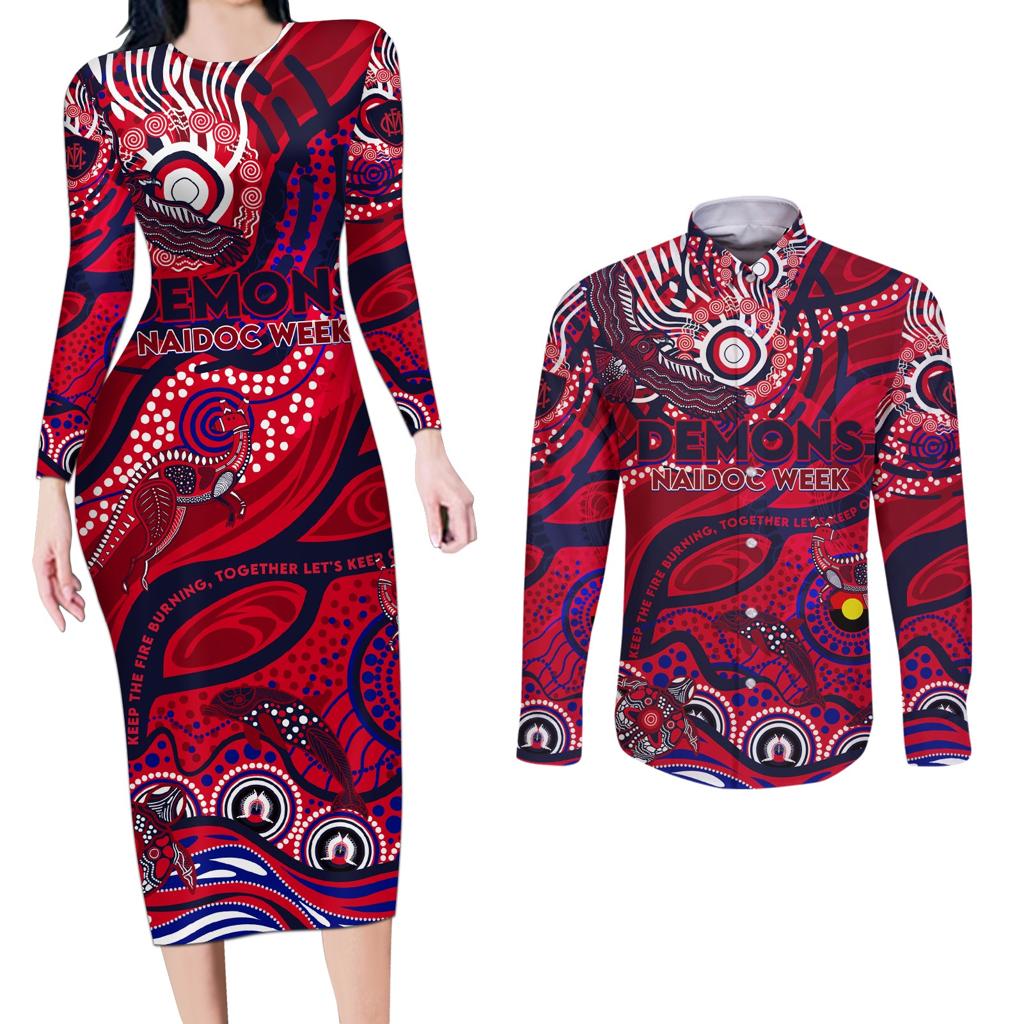 Custom NAIDOC Week 2024 Demons Couples Matching Long Sleeve Bodycon Dress and Long Sleeve Button Shirt Aboriginal Animals Keep The Fire Burning