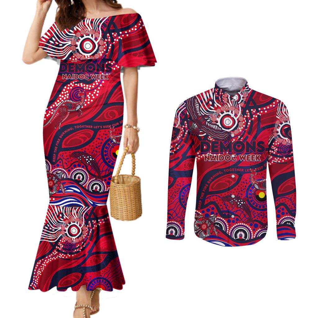 Custom NAIDOC Week 2024 Demons Couples Matching Mermaid Dress and Long Sleeve Button Shirt Aboriginal Animals Keep The Fire Burning