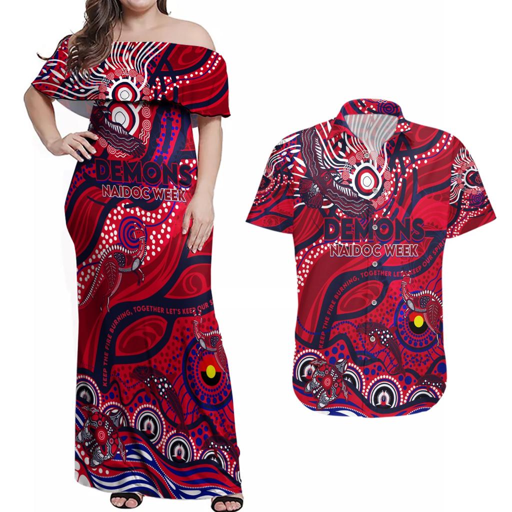 Custom NAIDOC Week 2024 Demons Couples Matching Off Shoulder Maxi Dress and Hawaiian Shirt Aboriginal Animals Keep The Fire Burning