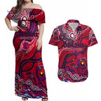 Custom NAIDOC Week 2024 Demons Couples Matching Off Shoulder Maxi Dress and Hawaiian Shirt Aboriginal Animals Keep The Fire Burning