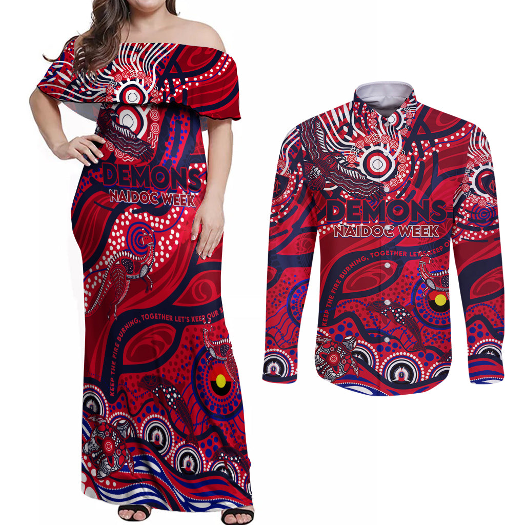 Custom NAIDOC Week 2024 Demons Couples Matching Off Shoulder Maxi Dress and Long Sleeve Button Shirt Aboriginal Animals Keep The Fire Burning