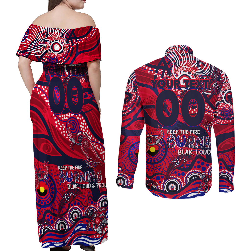 Custom NAIDOC Week 2024 Demons Couples Matching Off Shoulder Maxi Dress and Long Sleeve Button Shirt Aboriginal Animals Keep The Fire Burning