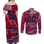 Custom NAIDOC Week 2024 Demons Couples Matching Off Shoulder Maxi Dress and Long Sleeve Button Shirt Aboriginal Animals Keep The Fire Burning