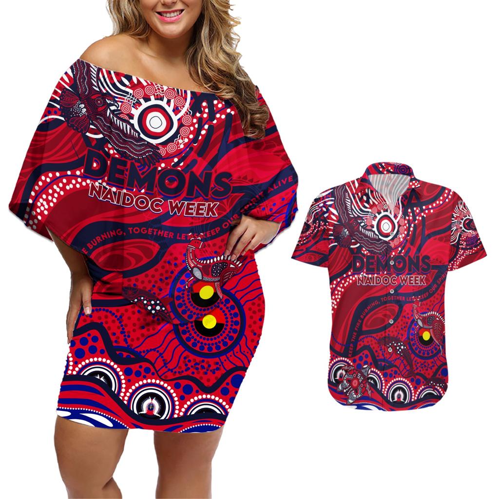 Custom NAIDOC Week 2024 Demons Couples Matching Off Shoulder Short Dress and Hawaiian Shirt Aboriginal Animals Keep The Fire Burning