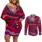 Custom NAIDOC Week 2024 Demons Couples Matching Off Shoulder Short Dress and Long Sleeve Button Shirt Aboriginal Animals Keep The Fire Burning