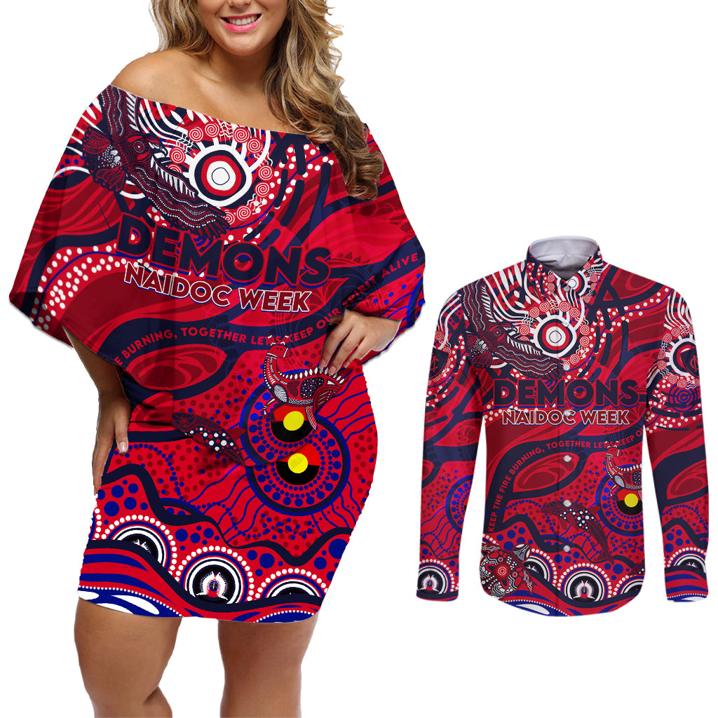Custom NAIDOC Week 2024 Demons Couples Matching Off Shoulder Short Dress and Long Sleeve Button Shirt Aboriginal Animals Keep The Fire Burning