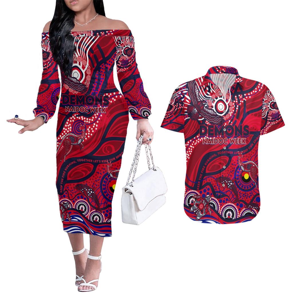 Custom NAIDOC Week 2024 Demons Couples Matching Off The Shoulder Long Sleeve Dress and Hawaiian Shirt Aboriginal Animals Keep The Fire Burning