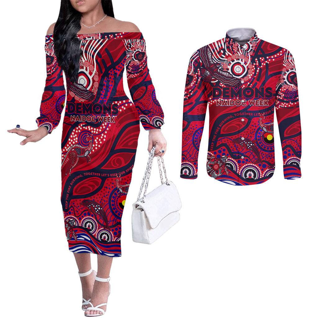 Custom NAIDOC Week 2024 Demons Couples Matching Off The Shoulder Long Sleeve Dress and Long Sleeve Button Shirt Aboriginal Animals Keep The Fire Burning